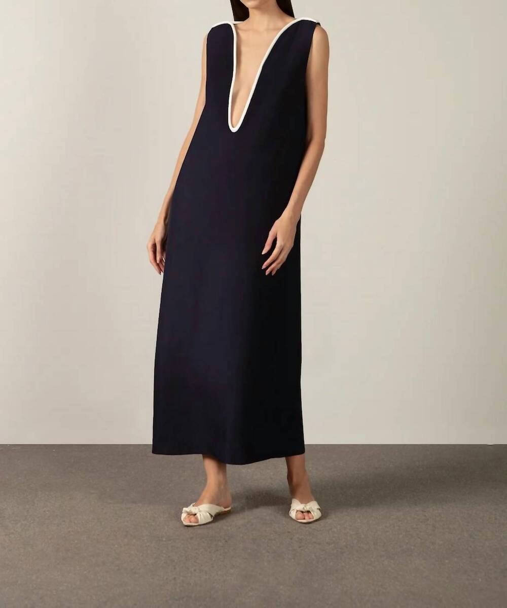 NEW ADRIANA DEGREAS bicolor deep v neck maxi dress in navy